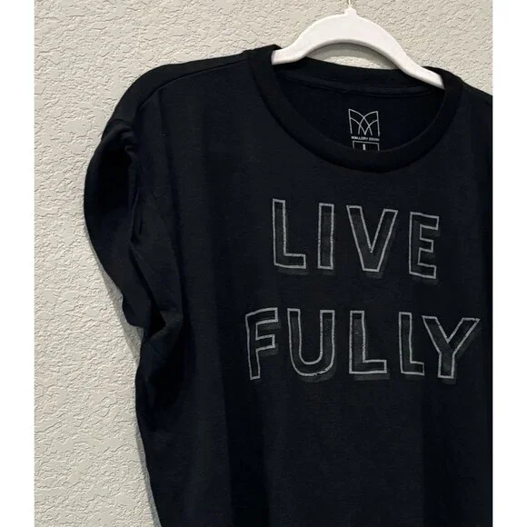 Mallory Ervin Thin Stretch Black T Shirt "LIVE FULLY" slogan Women’s Large - Picture 3 of 5